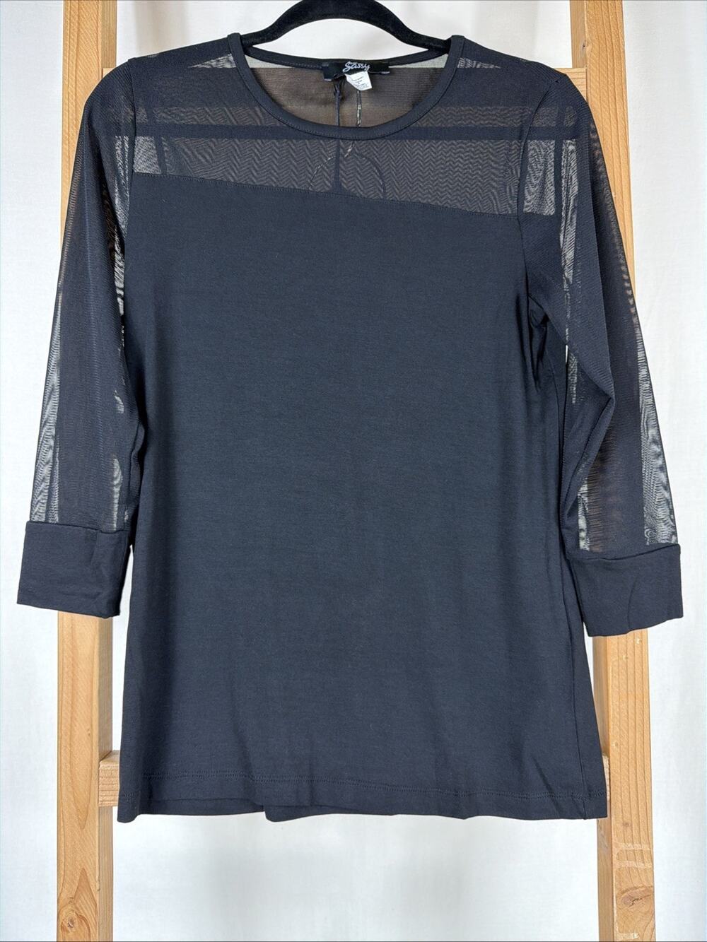 NWT Sassy Black Sheer Mesh Neck 3/4 Modal Body Top #1145 Size SM